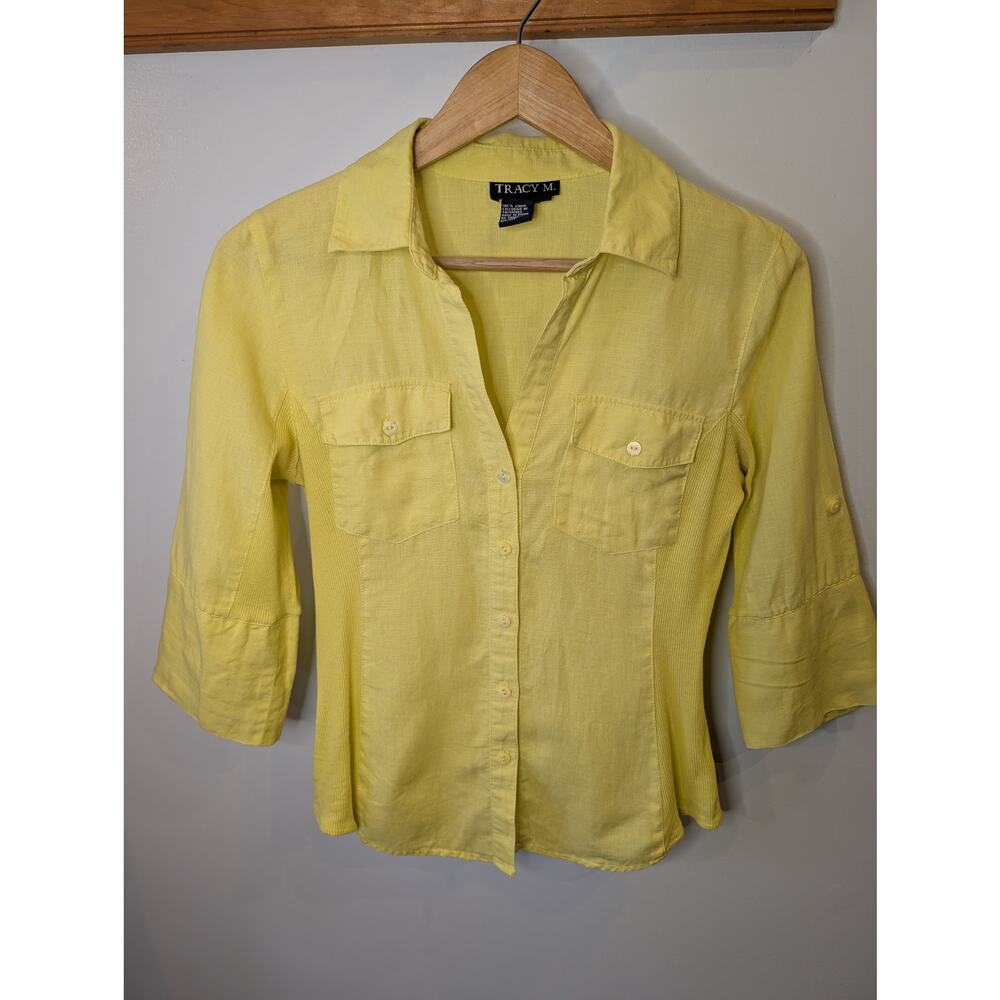 Tracy M Linen Button Down Shirt Butter Yellow 3/4 Sleeve Fitted Blouse Medium
